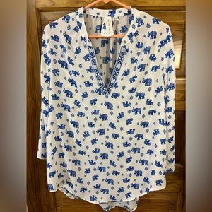 White V-Neck Boho Sheer Tunic Blue Elephants Embroidered Society Girl L